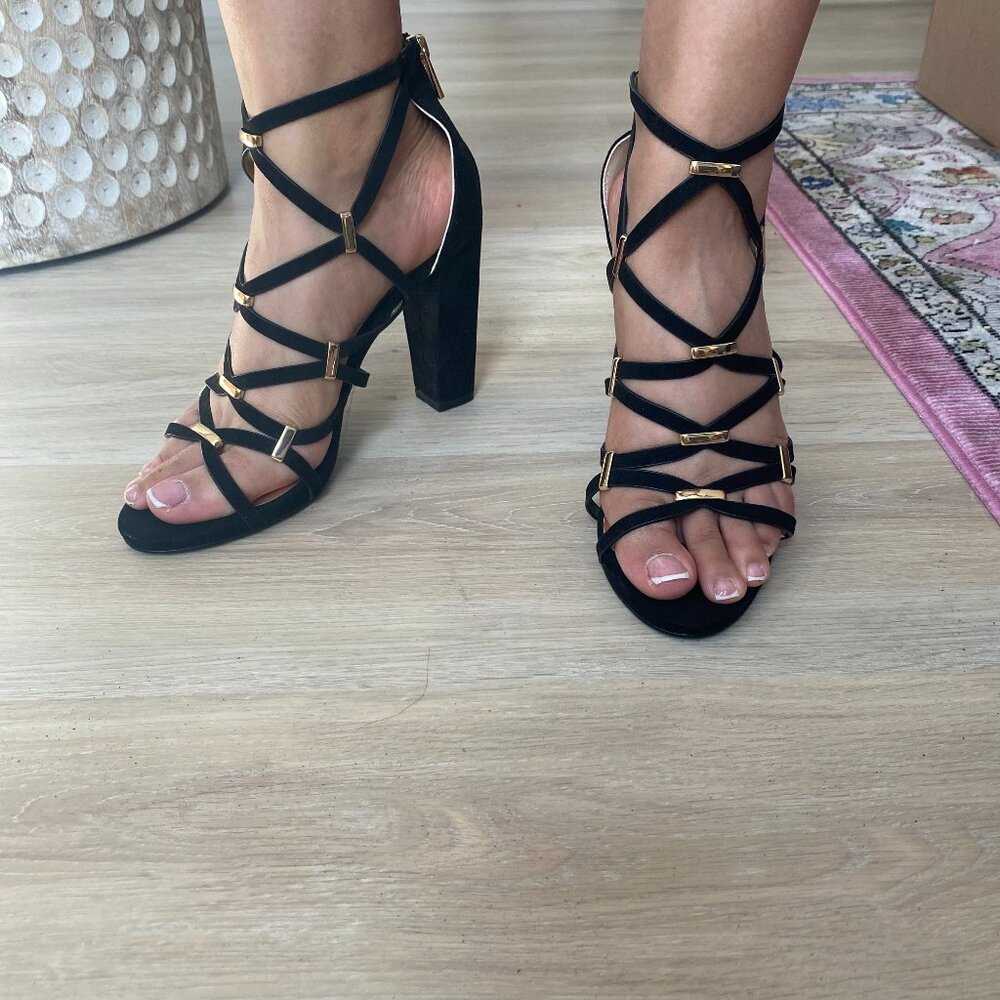 Carlos by Carlos Santana, Francesca- Strappy cage block heel black suede sandal